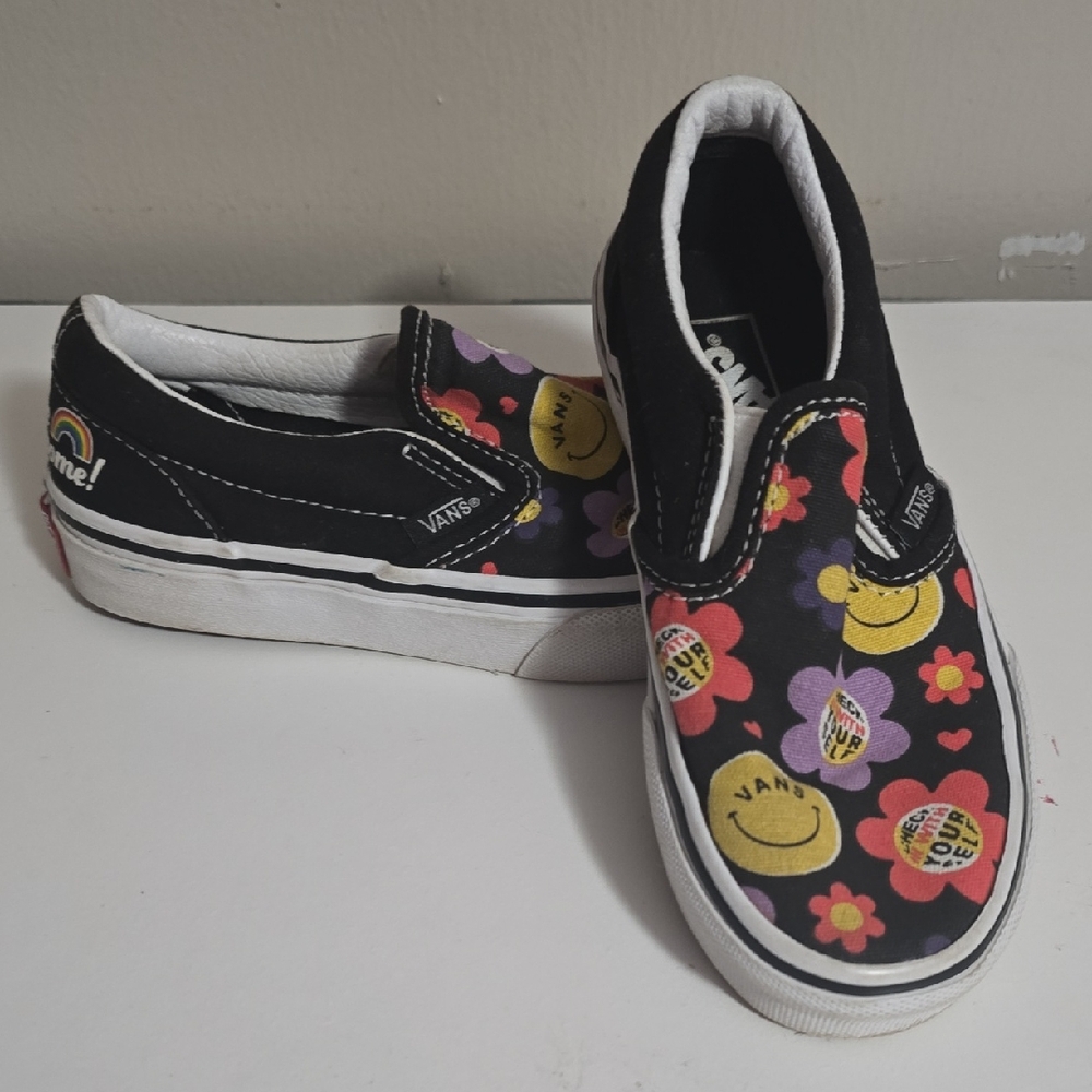 Vans Kids' Black and Floral Slip-On Sneakers Smiley Face 12C